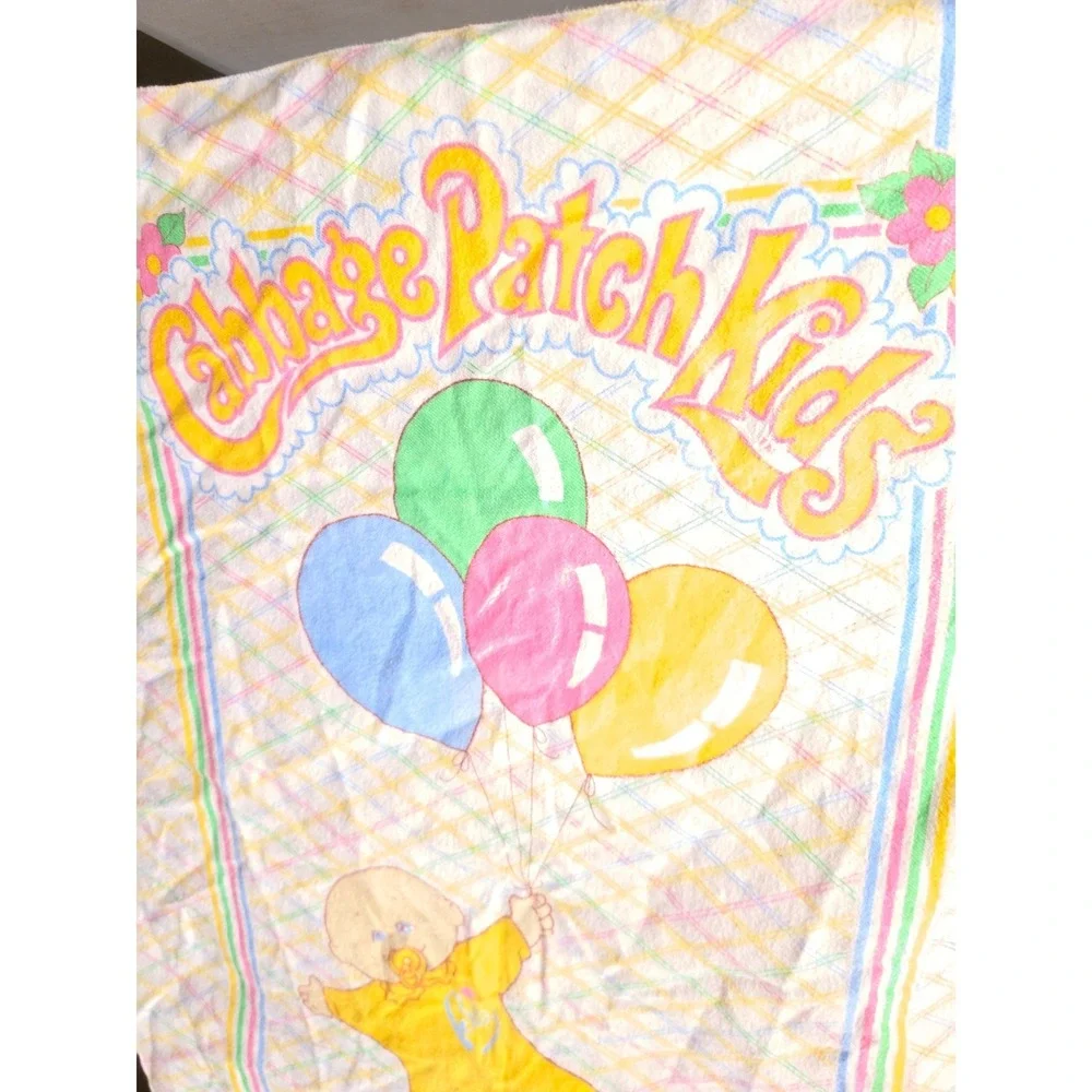 Vintage 1983 Cabbage Patch Kids Baby Blanket Pastel Rainbow Balloons 48 x 34